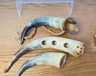 Vintage Set of 3 Animal Horns with Carved Holes and Twisted Rope Handle
