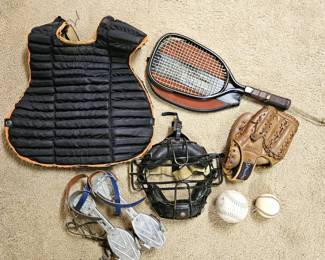 Vintage Sports Lot – Wilson Racquet, Spalding Tom Seaver Glove, Wilson Catcher’s Mask, Chest Protector, Roller Skates