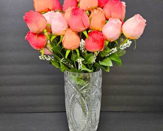 -  Pretty Cut Crystal Vase with Faux "Wet" Rose Bouquet