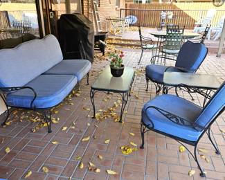 Vintage Wrought Iron Patio Set – Sofa, 2 Chairs, Coffee Table & Side Table – Glass Tops, Blue Cushions