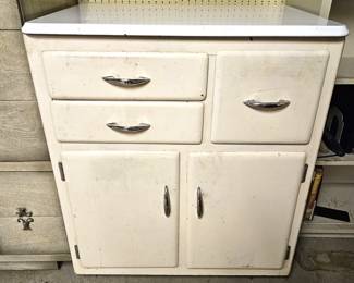 Mid Century White Metal & Wood Storage Cabinet w/ Chrome Handles 30.5"W