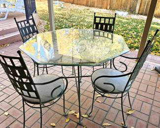 - Charming Vintage Mid Century Iron Round Dining Table & Chairs with Glass Top