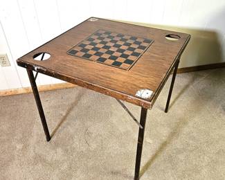 Vintage Folding Wooden Card Table 29”x29” w/ Checkerboard Top & Drink Holders