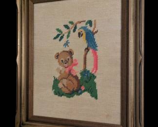 Bear with Parrott Needlepoint Framed