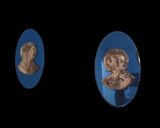 Vintage Cobalt Blue Oval Glass with Silver Plated Cameos of Mary and Jesus