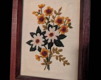 Vintage 70's Crewel Floral Bouquet Embroidered Framed