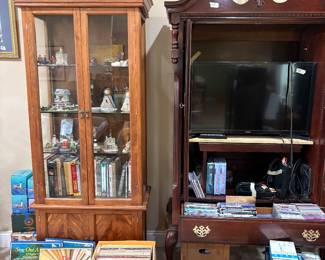 Electronics, curio cabinet, albums, tv cabinet
