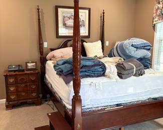 Queen bed, mattress and box springs, nightstand, linens
