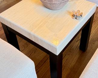 Pair oi Faux Marble Side Table with 4 Legged Wood Base.