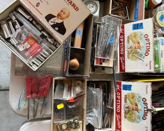 Tool components galore! drill bits not to mention the vintage cigar boxes!