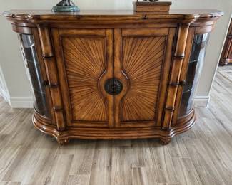Bar/Console 39.5" tall, 64" wide, 2 side glass doors for display with 2 front doors for storage. $350