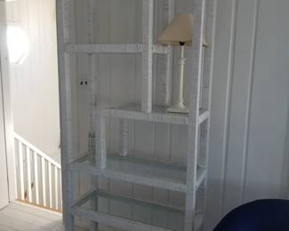 Wicker etagere; table lamp