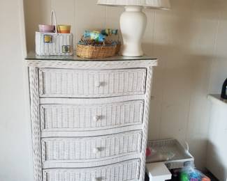 5-drawer wicker chest; table lamp