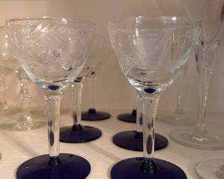 etched glass stemware with cobalt base