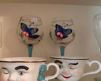 Baileys Irish Cream tea cups, butterfly wine glasses