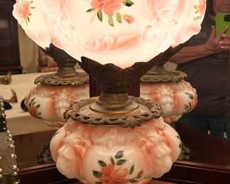 antique hurricane lamp, lights on bottom and top