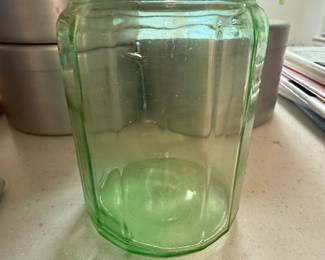 $40- green depression glass jar with lid