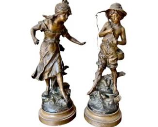 rench Figures By French Sculptor Francois Moreau - Early 20th Century Patinated Metal