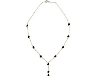 Sterling Silver Link Necklace With Black Faceted Stones & Lariat Dangling Accent