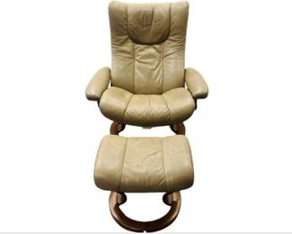 Ekornes Stressless Large Taupe Leather Swivel Recliner Chair & Ottoman