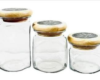 Kitchen Glass Storage Canister Jars With Decorative Wooden & Metal Wheat Sheaf Relief Design On Lids