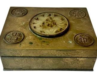 Vintage Brass Box With Hinged Lid, Wood Lined Interior, Carved Jade & Chinese Medallion Design