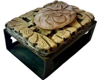 Vintage Chinese Match Cover With Carved Soapstone & Rose Quartz Surface Detailing