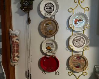 Vintage Pie Dishes on Wall Mount, Antique Cuckoo Clock