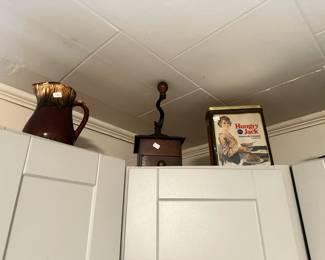 Antique Coffee Grinder, Vintage Hungry Jack Canister, Antique Pottery Pitcher