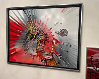 Vintage paint on board abstract - unsigned with applied floral applique lower left