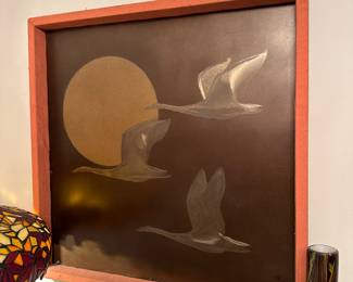 Vintage framed copper sheet metal work initialed lower right TH.