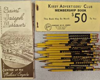 Vintage St. Joseph items. "Saint Joseph Missouri Center of the Midland Empire" map, "Kirby Advertisers' Club Membership Book" and "Producers" pencils