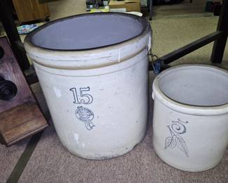 Stoneware. 5 gal. Red Wing Birch Leafi and 15 gal. Buckeye Pottery Co. crock (As Is hairline bottom)