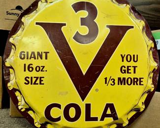 Much, much vintage advertising!! Vintage 29" 3 V Cola metal sign