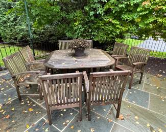 129. Square Teak Dining Table and 8 Arm Chairs