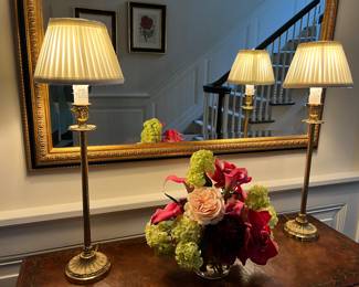 32. Pair of Brass Candlestick Lamps (24")
33. Beveled Mirror w/ Black & Gilt Frame (40" x 28")