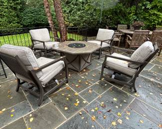128. Fire Pit Set w/ 4 Rocker Chairs & Sunbrella Cushions