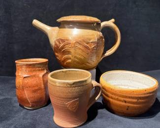 Hand Built Glazed Stoneware Teapot, Cups More