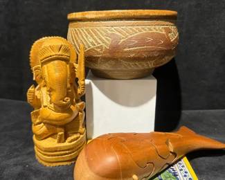 Lizard Bowl, Wooden Hindu Ganesh, Italian Tile Articulated Wooden Fish