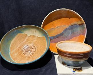Hand Thrown Glazed Stoneware Pottery Bowls, Including Trivet