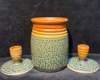 Signed Royce Yoder Art Pottery Vase Candlesticks