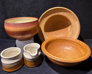 Signed Hand Thrown Glazed Stoneware Bowls, Creamer Sugar Bowl
