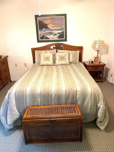 Queen bed, mattress, box springs, headboard and rails