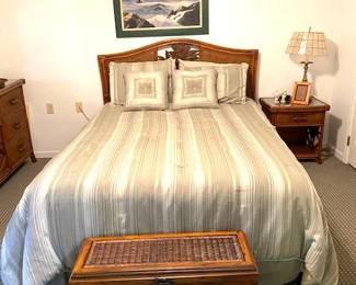 Queen bed, mattress, box springs, headboard and rails