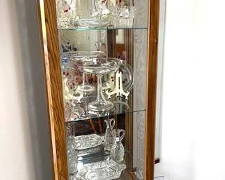 corner curio cabinet, vintage glassware