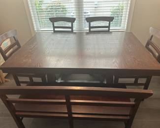 Table 60" x 40" w/ removable leaf, 30" H, 4 chairs & 2 person bench.