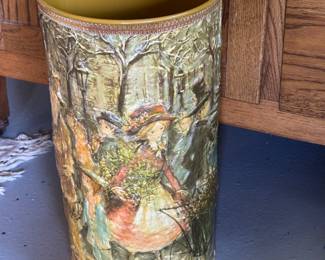 Vintage decoupage umbrella holder or trash bin, very cool