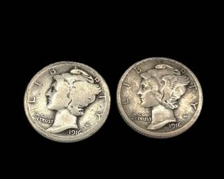Rare * 2 1916 U.S Silver Mercury Dimes * Mint Philadelphia & S * Winged Liberty