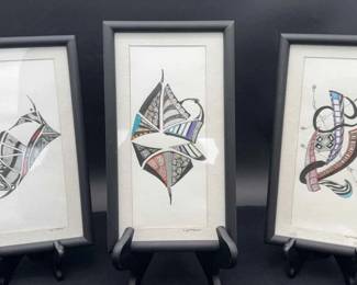 3~ Framed & Matted Pen And Ink Abstract Drawings * Lyton