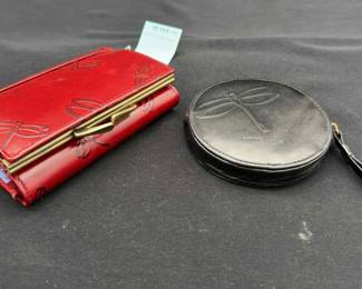 Gorgeous NEW Red Leather Wallet By Bleu * Round Black Change Purse * Dragonfly Theme